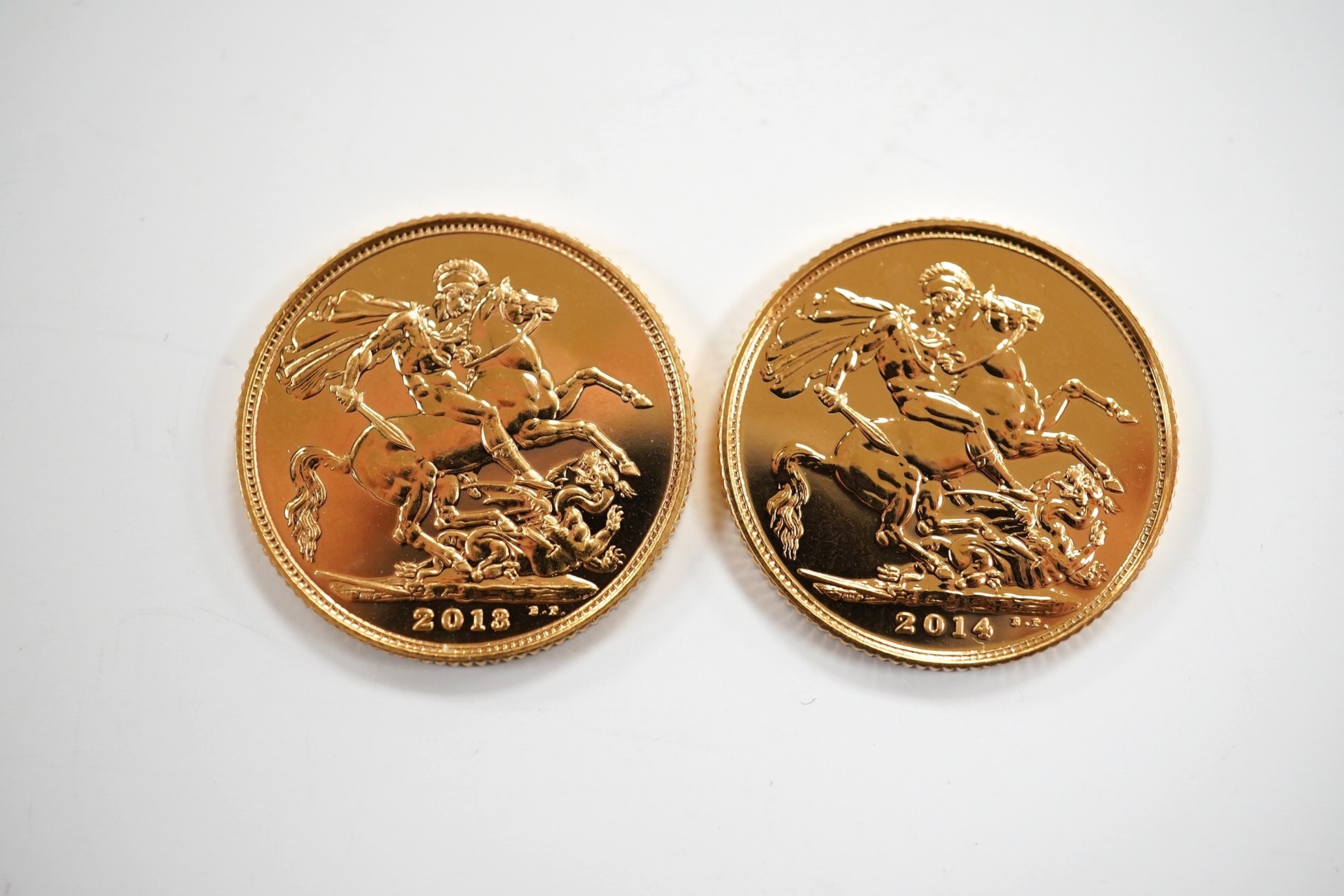 British gold coins, QEII, two bullion sovereigns, 2013 and 2014, BUNC